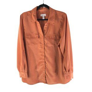 Denim & Co. Womens Button-Up Collared Long Sleeve Shirt L Orange Casual Top